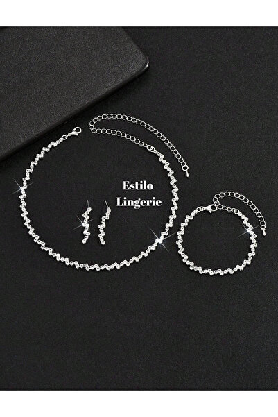 Estilo Lingerie Zikzak Ajda Model Su Yolu Zarif Kolye Küpe Bileklik Seti Hediye Takı Seti (MÜCEVHER KUTULU GÖNDERİM)