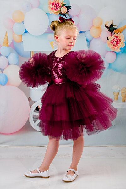 Sevimlice Kids Kız Çocuk Ponpon Kollu Tokalı Abiye Doğumgünü Elbisesi