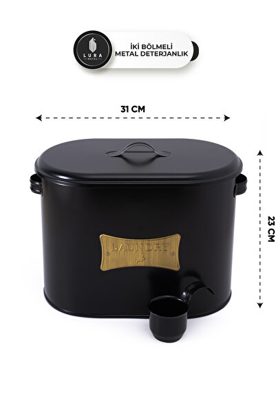 Lura Metal 2 Bölmeli Siyah Metal Kapaklı Tablet ve Toz Deterjan Kutusu - 12 Lt Banyo Düzenleyici