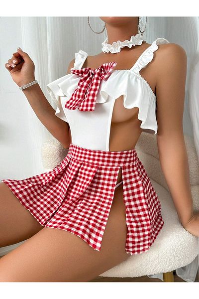 randevu Set costum fancy în carouri colorate - rochie cu guler cu șiruri