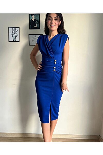 Tuğba Ceylin Butik Gold düğme detaylı midi boy abiye elbise