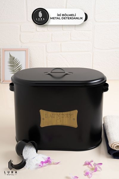 Lura Metal Cutie pentru tableta si detergent pulbere cu 2 compartimente cu capac metalic negru - Organizator pentru baie de 12 litri