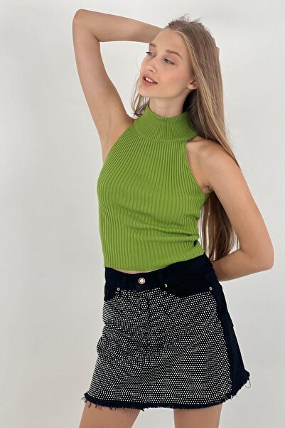 Miss Poem Women's Turtleneck Turtleneck Sleeveless Short Light Green Knitwear Crop
