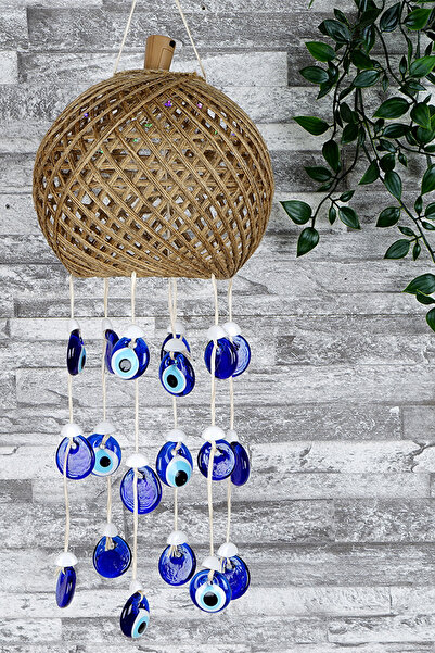 Illuminated Wicker Blue Evil Eye Beaded Wind Bell - Handmade Garden and Balcony Decoration