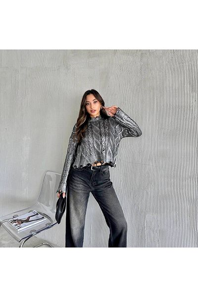 İLKCET MODA Roztrhaný vzorovaný lesklý dámský svetr