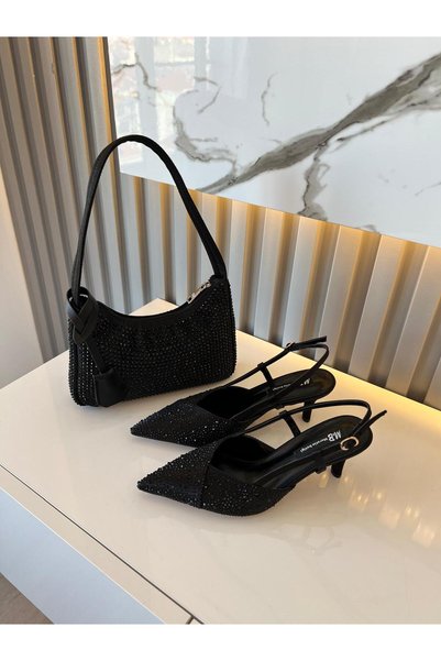 M&B حذاء نسائي بكعب عالٍ، تصميم مدمج من الساتان الأسود مع تفاصيل حجرية، ارتفا...
