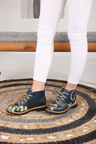 Goby Amsterdam Şehir Desenli Desen Baskılı Kadın Lacivert Kısa Bot