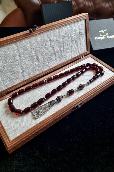 dergah tesbih Şahin Ağa Series Runaway Tea Color Silver Design Fire-I Amber