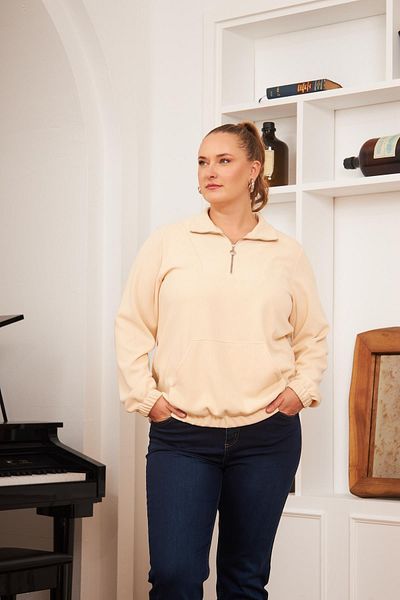 RMG Ecru Color Large Size Zippered Sweatshirt