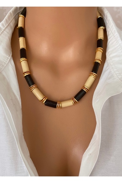 TARZ-I TAKI Kadın BOHEM TARZ Ahşap Boncuk 24 k Gold Bilye TASARIM Kolye Anne ...