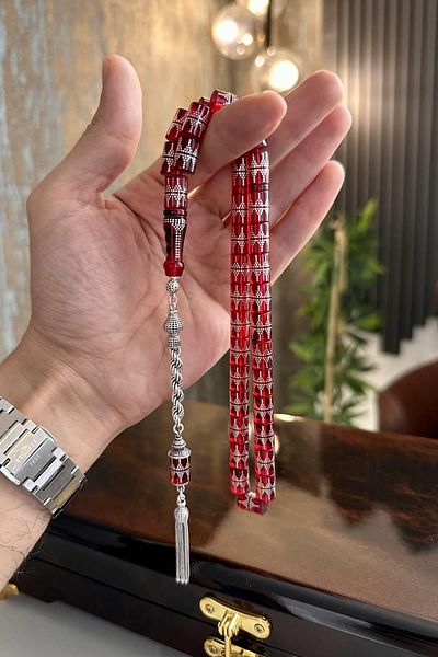 dergah tesbih Silver Embroidered Crimped Amber with Night Red