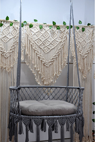 ALTINOLUK HAMAK 80'lik Makrome Salıncak Bahçe Balkon Salıncağı (GRİ) Gri Mind...