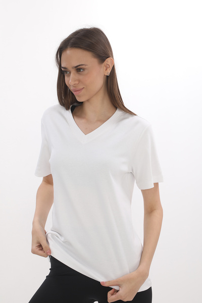 Giyimod WOMEN'S ECRU V-NECK SHORT SLEEVE 100% COTTON INTERLOCK T-SHIRT S-111