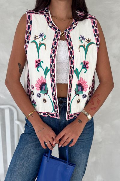 FEMELLE Women's Ecru Floral Embroidered Vest