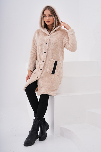 Shine Fine معطف طويل من القطيفة بغطاء للرأس