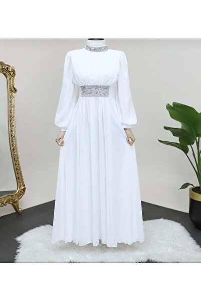 Famelin 24Y715 ABİYE ELBİSE ŞİFON YAKA VE KEMER TAŞ DETAYLI EKRU