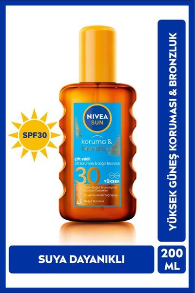 NIVEA SUN SPF30 Çift Etkili Koruma ve Bronzluk Güneş Spreyi 200ml, Doğal Bronzluk, Suya Dayanıklı, UVA UVB