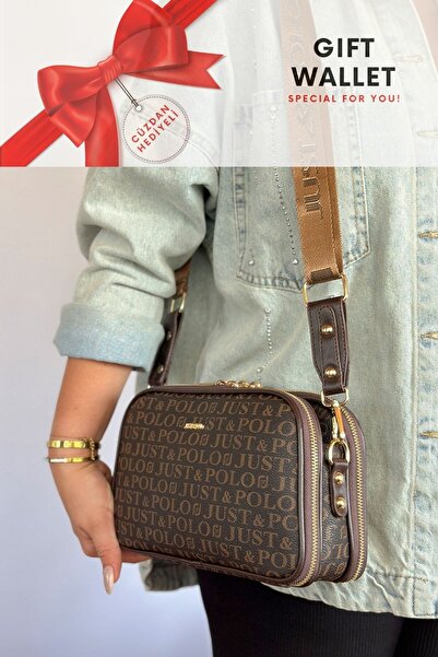 Just Polo حقيبة كتف بحزام طويل قابل للتعديل مكونة من 5 أقسام مع هدية محفظة