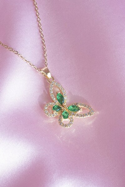 AŞIK ACCESSORIES Green Stone Butterfly Necklace Steel