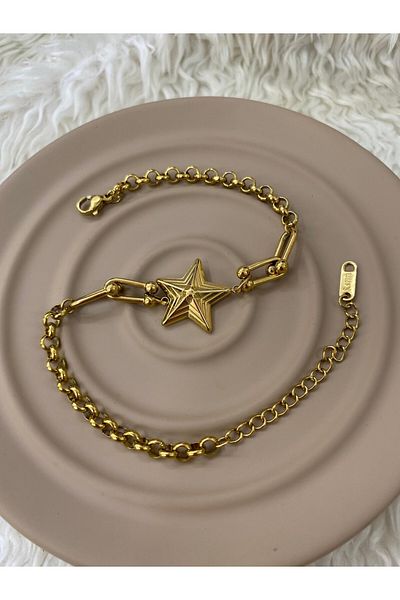 YASİN TOPÇU Steel Gold Star Charm Chain Anklet