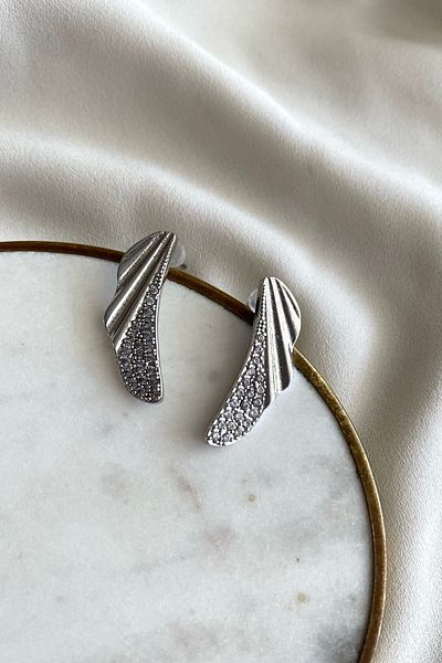 gaila design Zircon Stone Detailed Silver Color Steel Wing Earrings