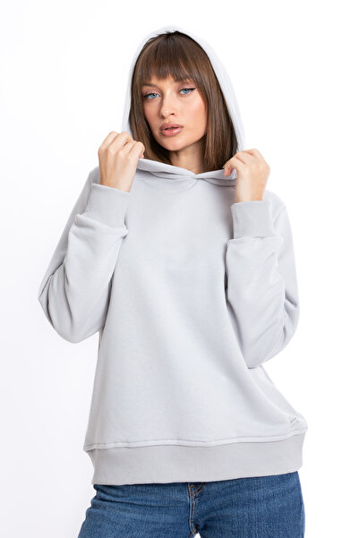 Giyimod سويت شيرت نسائي رمادي بغطاء للرأس مكون من 3 خيوط من الصوف بأكمام راجل...