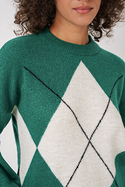 Bigdart 15895 Baklava Desenli Oversize Triko Kazak - Zümrüt Yeşili