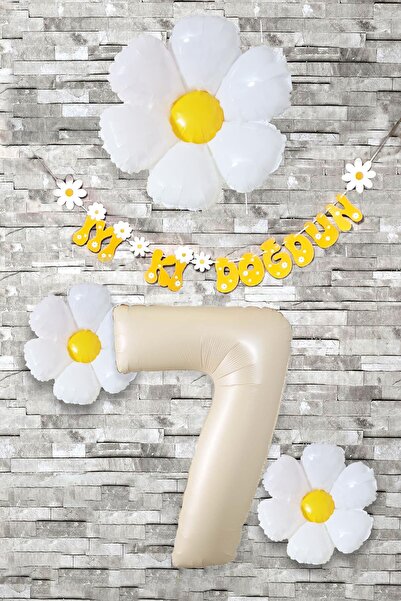 PEKSHOP Papatya Tema Doğum Günü Balon Süsleme Seti Bannerlı Yaş Balonu Balon ...