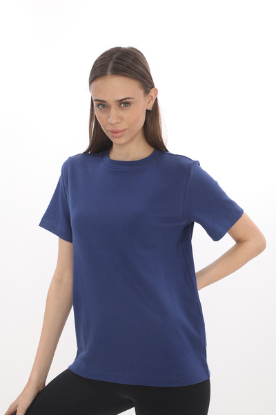 Giyimod تي شيرت نسائي أزرق داكن برقبة دائرية وأكمام قصيرة 100% قطن إنترلوك S-101y