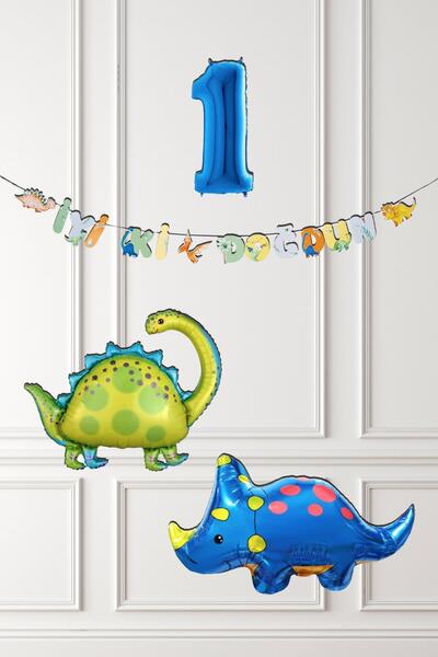 PEKSHOP Dinazor Tema Doğum Günü Balon Süsleme Seti Bannerlı Mavi Yaş Balonlu ...