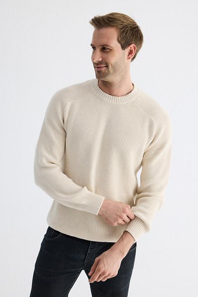 odelon Men's Cream Knitwear Sweater - Crew Neck, Thessaloniki Knit, Cotton