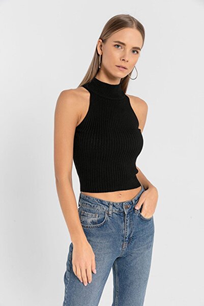 Miss Poem Women's Turtleneck Turtleneck Sleeveless Short Light Blue Knitwear Crop