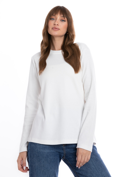 Giyimod Kadın EKRU Bisiklet Yaka Uzun Kol %100 Pamuk İnterlok Tişört S-102