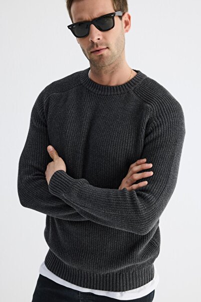 odelon Men's Anthracite Knitwear Sweater - Crew Neck, Thessaloniki Knit, Cotton