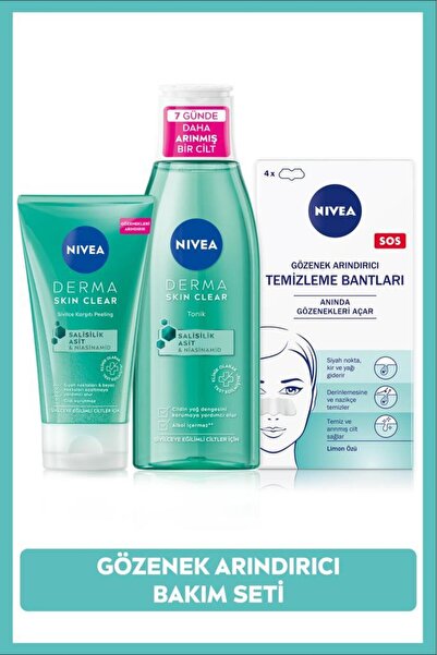 NIVEA Derma Skin Clear Sivilce Karşıtı Peeling 150ml,Tonik 200ml, T-Bölgesi & Siyah Nokta Temizleyici Bant