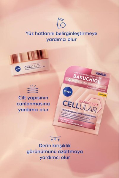 NIVEA Cellular Expert Lift Yaşlanma Karşıtı Gündüz Yüz Bakım Kremi 50ml, SPF30, Bakuchiol, Hyaluronik Asit