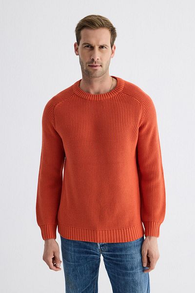 odelon Men's Orange Knitwear Sweater - Crew Neck, Thessaloniki Knit, Cotton