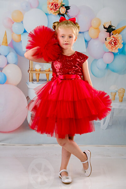 Sevimlice Kids Kız Çocuk Ponpon Kollu Tokalı Abiye Doğumgünü Elbisesi