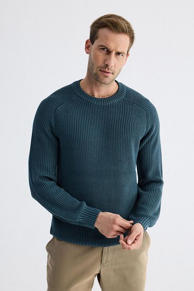 odelon Men's Crew Neck Thessaloniki Knit Cotton Knitwear Sweater Petrol