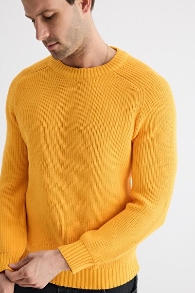 odelon Crew Neck Thessaloniki Knit Cotton Men's Yellow Knitwear Sweater