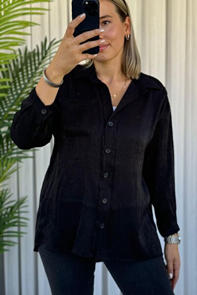 Kubos Moda Cămașă neagră cu mânecă lungă Crinkle