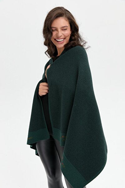 Desen Triko Green Three Floral Embroidered Women's Wool Shawl