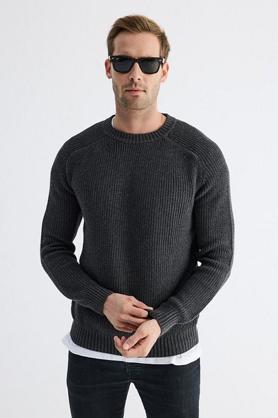 odelon Men's Anthracite Knitwear Sweater - Crew Neck, Thessaloniki Knit, Cotton