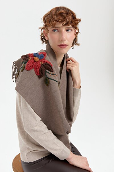 Desen Triko Mink Colored Women's Knitted Flower Patterned Tasseled Camisole