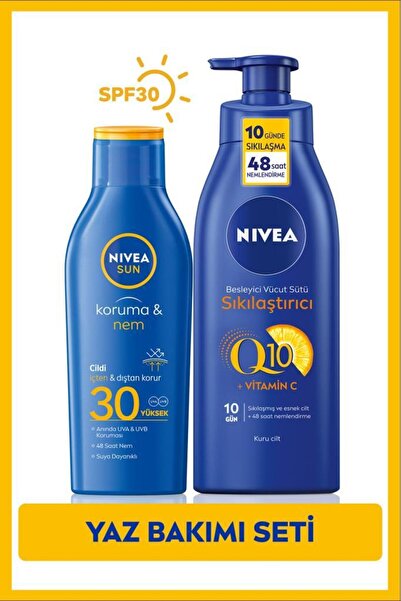 NIVEA SUN SPF30 Güneş Koruyucu Nemlendirici Losyon 200ml, Q10 Sıkılaştırıcı Vücut Sütü 400ml, C Vitamini