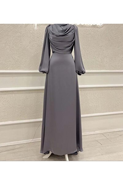 Hennin 24Y4858 ABİYE ELBİSE SATEN ÖN DRAPELİ GRİ