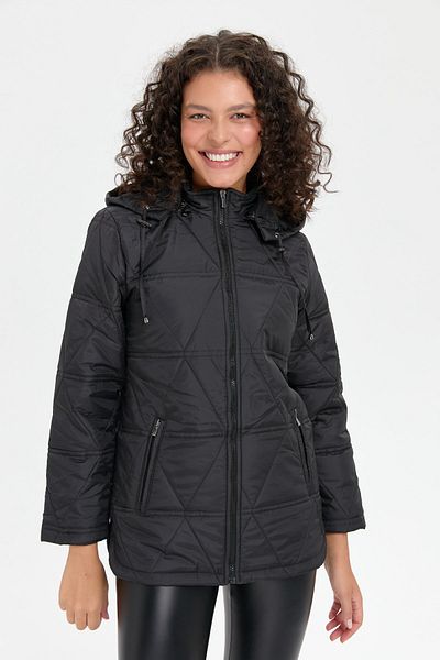 Desen Triko Black Hooded Triangle Patterned Women's Coat