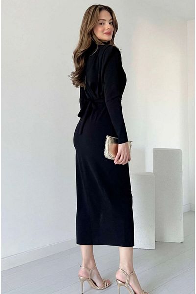TML Makiwear Rochie lungă de damă, căptușită, cu centură aurie, cu fantă neagră