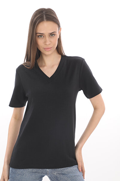 Giyimod تي شيرت نسائي أسود برقبة على شكل حرف V وأكمام قصيرة 100% قطن إنترلوك ...