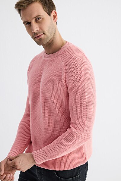 odelon Ανδρικό - Ροζ Πλεκτό Πουλόβερ, Crew Neck, Thessaloniki Knit, Βαμβακερό